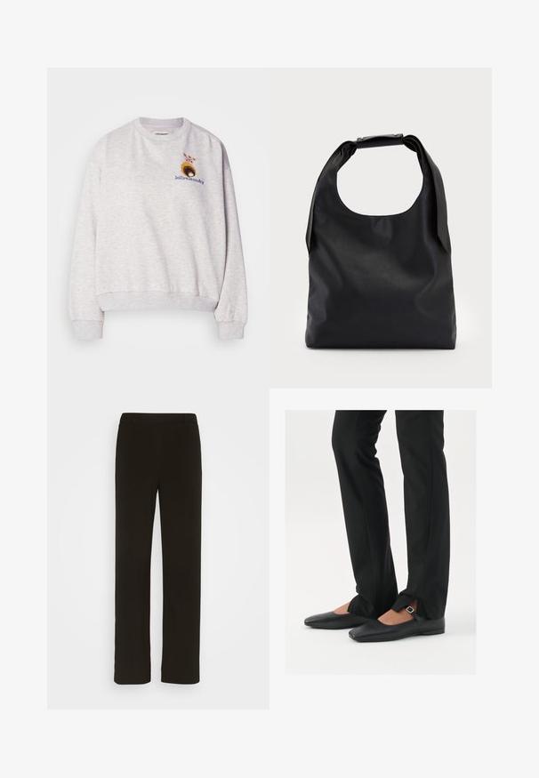 Světle šedá mikina vyrobená z měkkého materiálu, s kulatým výstřihem a žebrovanými manžetami, s květinovou výšivkou na hrudi.; Černé kalhoty rovného střihu vyrobené z tkané látky, s plochým předním dílem, dvěma bočními kapsami a hladkým povrchem. Žádné viditelné vzory ani akcenty.; Černé kožené baleríny s špičatou špičkou, páskem se stříbrnou sponou, společně s černými kalhotami s úzkým střihem a rozparky na lemech.; Černá kůže hobo taška s jedním měkkým, zaobleným uchopem; má hladkou texturu a minimalistický design. Bez viditelného kovového doplňku nebo akcentů.; Stříbrné kruhové náušnice s minimalistickým designem. Kruh, hladký povrch a tenký profil. Lehká konstrukce s lesklým povrchem.