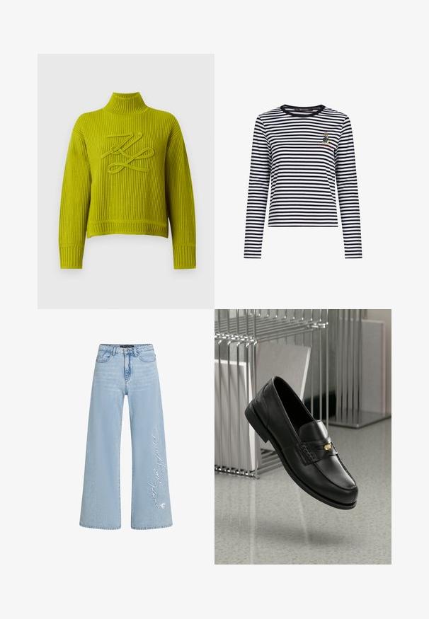 Pulover cu mâneci lungi, tricotat cu model striat, în nuanță verde-gălbui intens, cu guler înalt și design decorativ cu cusături buclate pe piept.; Cămașă cu mânecă lungă, rayată în alb și negru, cu un guler rotund și un mic personaj brodat pe piept. Material moale.; Jeans cu picioare largi de culoare albastru deschis din denim, cu text brodat "Donald și Daisy" pe piciorul stâng. Prezintă un design clasic cu cinci buzunare și bucle pentru curea.; Mocasini din piele neagră cu un finisaj neted, având o bandă decorativă și un mic accent de aur. Talpa este plată, cu vârful rotunjit.