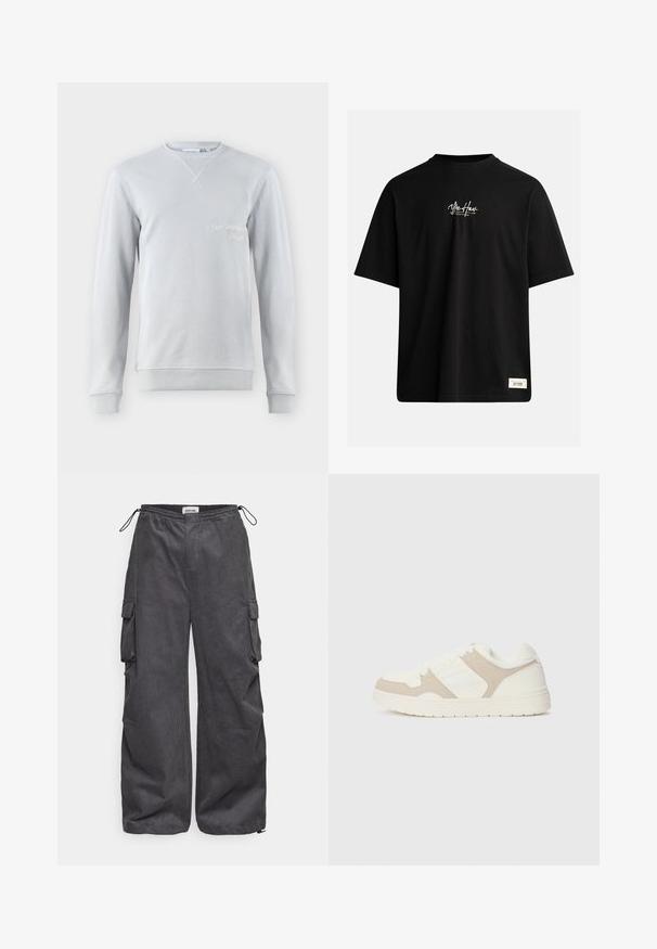 Felpa grigia chiaro, in misto cotone, colletto a girocollo, dettagli a costine su colletto e polsini, presenta testo ricamato "SAN BERNARD CALIF." sulla parte frontale.; T-shirt nera a maniche corte in cotone. Presenta un piccolo logo bianco sul petto e un'etichetta rettangolare in basso a destra.; Pantaloni cargo grigi con un tessuto texturizzato, vita elastica, cordino e dettagli con tasche laterali. Vestibilità ampia con gambe larghe.; Sneaker bianca e beige caratterizzata da una combinazione di texture liscia e scamosciata, punta rotonda, chiusura con lacci e suola in gomma piatta.