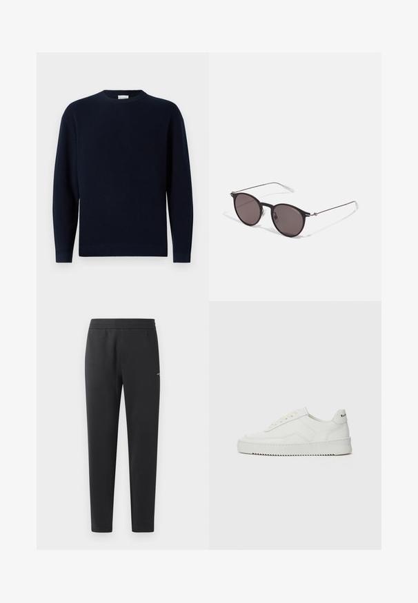 Mörkblå ribbad stickad tröja med rund halsringning, långa ärmar och en avslappnad passform. Mjuk textur, minimalistisk design och inga synliga mönster.; Svarta joggingbyxor i mjukt tyg, med elastisk midja, raka ben och en liten logotypdetalj på sidan.; Vita lädersneakers med en jämn yta, rund tå, platta snörningar och en strukturerad sula. Har en diskret logotyp på hälen.; Svarta runda solglasögon med mörka linser och smala metallarmar. Inkluderar klara tempeltips och silverdetaljer vid gångjärnet. Minimalistisk design.
