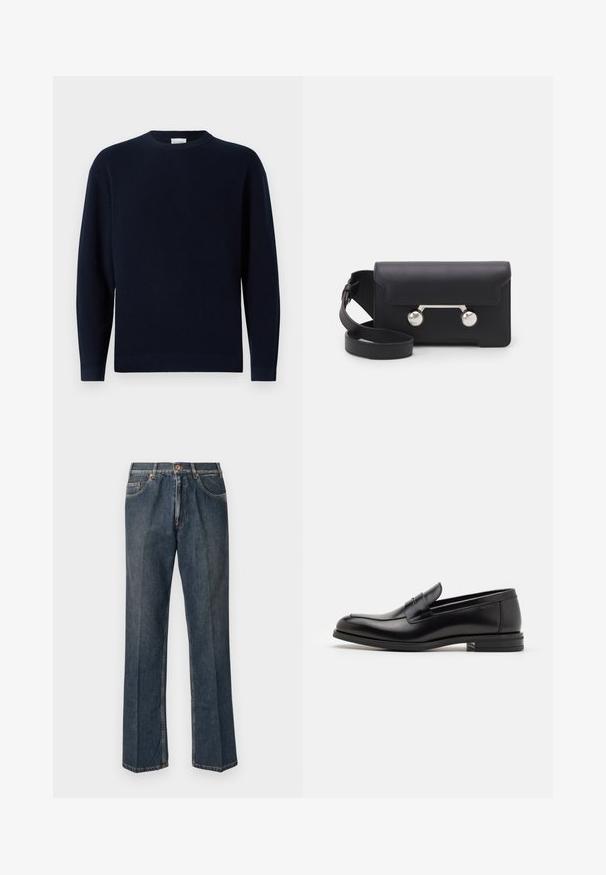 Laivastonsininen ribattu neulepusero, jossa on pyöreä kaulus, pitkät hihat ja rento istuvuus. Pehmeä rakenne, minimalistinen muotoilu ja ilman näkyviä kuvioita.; Tummansiniset suorat farkut, joissa on edessä nappi, vetoketju, tuplakoteloita ja näkyvät pystysaumat lahkeissa.; Mustat nahkakengät, joissa on sileä pinta, pyöreä kärki ja koristeellinen nauha jalkapöydän yli. Matala pinoitu koroke, minimalistinen muotoilu.; Mustan nahkainen olkalaukku, jossa on läppäkiinnitys, hopeanväriset yksityiskohdat ja kaksi pyöreää koristetta. Varustettu irrotettavalla hihnalla. Sileä pinta.