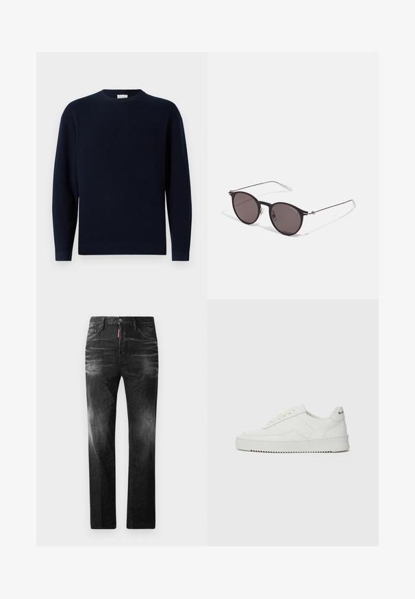 Tumedat sinise värviga ribakootud sviitriga, millel on ümmargune kaelus, pikad varrukad ja lõtv istuvus. Pehme tekstuur, minimalistlik disain ja nähtavad mustrid puuduvad.; Mustad denim püksid otse lõikega. Omavad kulunud piirkondi, väikseid kahjustusi, klassikalist viit taskut ning nööpkinnitust.; Valge nahast tennis, millel on sile põhi, ümar varvas, lamedad nöörid ja tekstuuriline tall. Sisaldab diskreetset logo kontsaribal.; Mustad mustad prillid tumedate läätsedega ja õhukeste metallist käepidemetega. Kaarja kujuga seljaosa ja hõbedased aktsendid hingel. Minimalistlik disain.