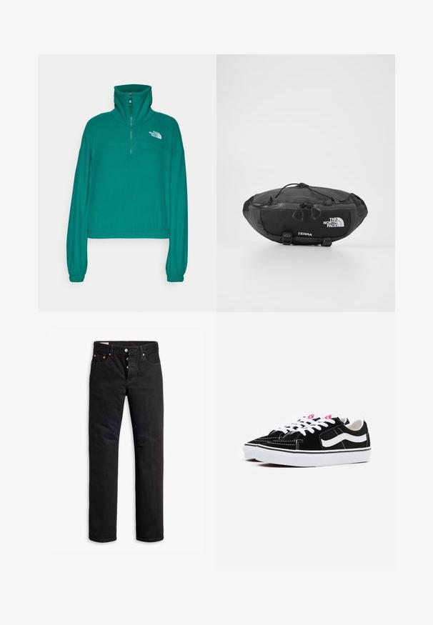 The North Face 100 GLACIER HALF ZIP - Felpa in pile - evergreen; Jeans in denim nero con taglio dritto, design a cinque tasche e chiusura con bottoni. Presentano rivetti in rame e dettagli di cucitura.; Sneaker in suede nera con lacci bianchi, dotate di una marcata striscia laterale bianca e suola in gomma nera, che mette in evidenza dettagli di cucitura a contrasto.; The North Face TERRA LUMBAR 3L UNISEX - Marsupio - asphalt grey/black