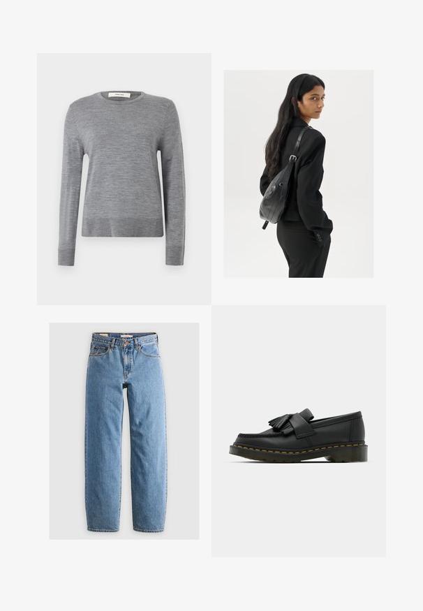 Sivý sveter s dlhým rukávom vyrobený z mäkkej tkaniny. Má okrúhly výstrih a rebrované manžety a lem. Jednoduchý, ľahký dizajn bez vzorov.; Svetlomodré džíny z denimu s rovnými nohavicami, piatimi vreckami, zipsovým zapínaním a jemne vyblednutou textúrou. Klasický štýl s minimálnym kovovým doplnkom.; Čierne kožené poltopánky s okrúhlou špičkou, so strapcovými detailmi a dekoratívnym pásom cez prednú časť, umiestnené na robustnom opätku.; Žena s dlhými tmavými vlasmi, oblečená v čiernom obleku, nesúca čiernu koženú kabelku na ramene, pozerajúca cez rameno na bielom pozadí.