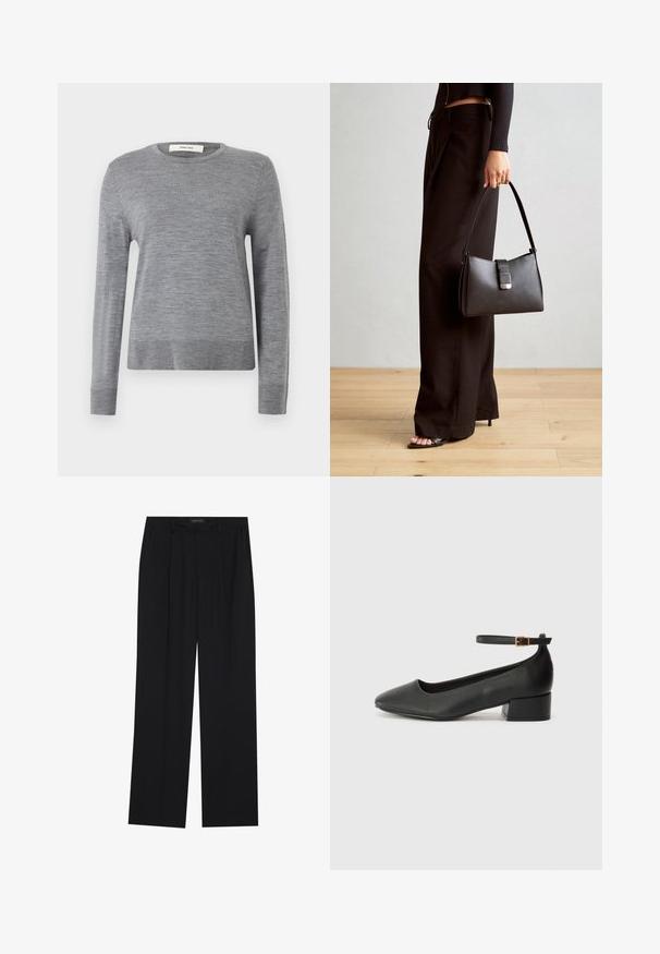 Siva dolgimi rokavi pulover iz mehkega materiala. Ima okroglo ovratnico ter rebraste manšete in rob. Preprost, lahek dizajn brez vzorcev.; Črne hlače s ravnim krojem, ki imajo dva sprednja žepa in pas. Narejene so iz gladkega, lahkega materiala.; Črne usnjene pumpice z nazobčanimi prsti in nizko blokasto peto. Imajo trak okoli gležnja z zaponko v zlatem tonu. Gladka tekstura.; Črna torbica z strukturirano obliko, gladko teksturo in kovinskim zaponko. Ujemajo se z širokimi črnimi hlačami in odprtimi sandali na lesenem tleh.