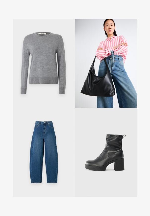 Grauer, langärmeliger Pullover aus weichem Material. Verfügt über einen runden Halsausschnitt sowie gerippte Bündchen und Saum. Einfaches, leichtes Design ohne Muster.; Denimjeans in einer mittleren blauen Waschung, mit hoher Taille, weit geschnittenem Bein und dem typischen fünf Taschen Design mit sichtbaren Nahtdetails.; Schwarze Stiefeletten aus glattem Leder mit seitlichem Reißverschluss, klobigem strukturiertem Absatz und runder Zehenform.; Schwarze Leder-Umhängetasche mit einer lässigen Form und Nahtdetails. Das Modell trägt ein pink-weiß gestreiftes Hemd zu weit geschnittenen blauen Jeans.