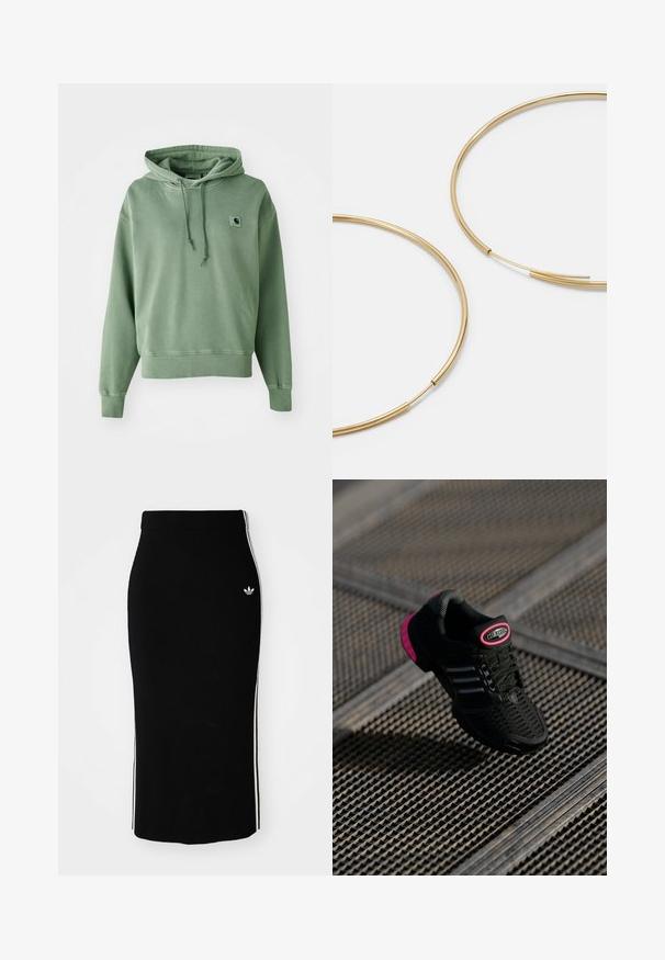 Felpa verde in cotone con tasca a marsupio, cappuccio con cordino, polsini a coste e un piccolo logo a patch sul petto. Tessuto morbido, vestibilità comoda.; Top corto bianco a maniche lunghe con scollatura a V nera, polsini neri a contrasto e tre strisce nere su ciascun manica. Piccolo logo sul petto.; Gonna midi nera a costine con una vestibilità aderente, caratterizzata da righe laterali bianche e un piccolo emblema bianco sul lato sinistro.; Scarpa sportiva nera con parte superiore in rete, dettagli rosa e strisce nere. Presenta una suola testurizzata e un'etichetta con logo sul tallone.; Orecchini a cerchio color oro, sottili e rotondi, con una finitura metallica liscia e senza decorazioni o motivi.