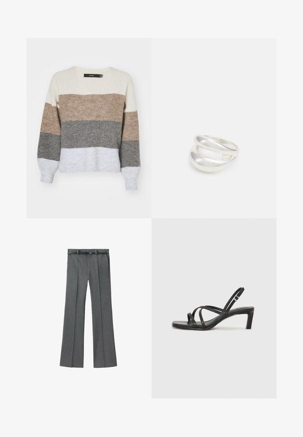 Pleteni pulover s V-izrezom. Sadrži vodoravne pruge u krem, taupe, smeđoj, sivoj i bijeloj boji. Mekana tekstura s opuštenim krojem.; Sive prilagođene hlače ravnog kroja, od lagane tkanine, s petljama za remen i uskim remenom sa srebrnom kopčom.; Crne sandale s trakama, kvadratnim prstom i niskom blok petom. Ima više tankih trakica i podesivu trakicu oko gležnja. Izrađene su od glatke kože.; Srebrna dvostruka prsten s glatkom, poliranom površinom. Karakterizira ga fluidan, zakrivljen dizajn s preklapajućim sekcijama za moderan izgled.