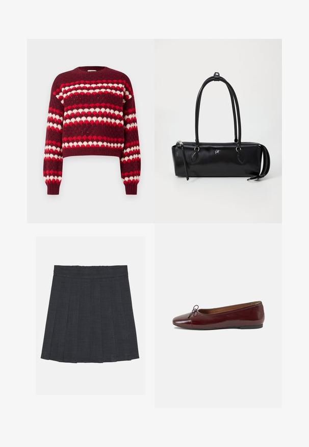 Rot-weißer gemusterter, kurzgeschnittener Pullover mit Rundhalsausschnitt und gerippten Bündchen, der eine gestrickte Textur und herzförmige Motive aufweist.; Dunkelgrauer, plissierter Rock mit elastischem Bund, aus einem strukturierten Stoff und in klassischer A-Linie. Geeignet für die Freizeit.; Burgunderfarbenes, lackiertes Ballettschuh mit abgerundetem Zehenbereich, kleiner Schleifenakzent vorne und einer niedrigen, schwarzen Gummisohle. Glatte Textur.; Schwarze Ledertasche mit rechteckiger Form, glatter Textur, zwei Griffen, Reißverschluss und einem kleinen Logo auf der Vorderseite.