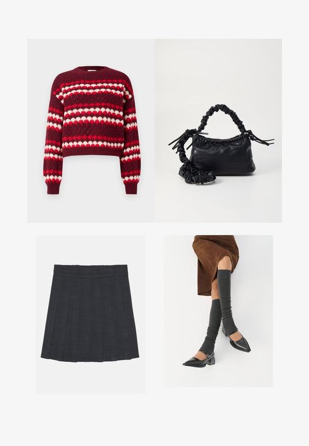 Piros és fehér mintás, rövidített pulóver, kerek nyakkal és bordázott mandzsettákkal, melynek kötött textúrája van és szív alakú mintákkal díszített.; Sötétszürke pliszírozott szoknya rugalmas derékkal, texturált anyagból, klasszikus A-vonalú sziluettel. Alkalmas mindennapi viseletre.; Fekete lakk bőrből készült, hegyes orrú cipők, tömbsarkúakkal és bokapánttal, szürke bordás lábszármelegítőkkel és barna velúr szoknyával párosítva.; Fekete műbőr kézi táska krokodil bőr textúrával, összehúzható tetejű és gyűrt pánttal. Lágy és kompakt dizájnúnak tűnik.
