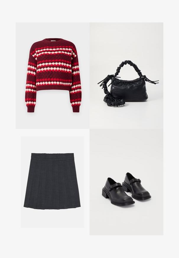 Pulover scurt cu model roșu și alb, cu guler rotund și manșete strâmte, având o textură tricotată și modele în formă de inimă.; Fustă plisată de culoare gri închis, cu un elastic în talie, având un material texturat și o siluetă clasică în A. Potrivită pentru ținute casual.; Pantofi din piele neagră cu vârf rotunjit, talpă plată și o curea cu detaliu de cataramă. Toc gros pentru o stabilitate suplimentară.; Geantă din faux leather neagră cu textură de crocodil, cu partea superioară strânsă și o curea mototolită. Pare moale și compactă ca design.