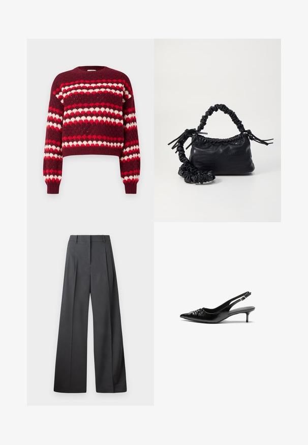 Sweater cropped em padrão vermelho e branco com decote redondo e punhos canelados, apresentando uma textura tricotada e desenhos em forma de coração.; Calças de perna larga em tecido cinza escuro, apresentando uma cintura alta, pregas simples e uma textura suave com um acabamento limpo nas bainhas.; Sapatos de salto alto slingback em couro preto com bico fino, pequeno salto kitten e um detalhe decorativo em forma de nó na parte da frente. Textura suave em toda a parte.; Bolsa de mão em couro sintético preto com textura de crocodilo, topo franzido e alça enrugada. Apresenta um design suave e compacto.