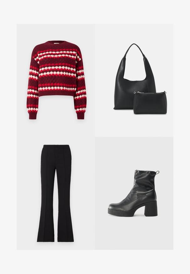 Rot-weißer gemusterter, kurzgeschnittener Pullover mit Rundhalsausschnitt und gerippten Bündchen, der eine gestrickte Textur und herzförmige Motive aufweist.; Schwarze Schlaghosen aus glattem Stoff, mit einer figurschmeichelnden Taille, vorderen Nahtdetails und einem leichten Schlag, der ab dem Knie beginnt.; Schwarze Stiefeletten aus glattem Leder mit seitlichem Reißverschluss, klobigem strukturiertem Absatz und runder Zehenform.; Even&Odd Handtasche - black