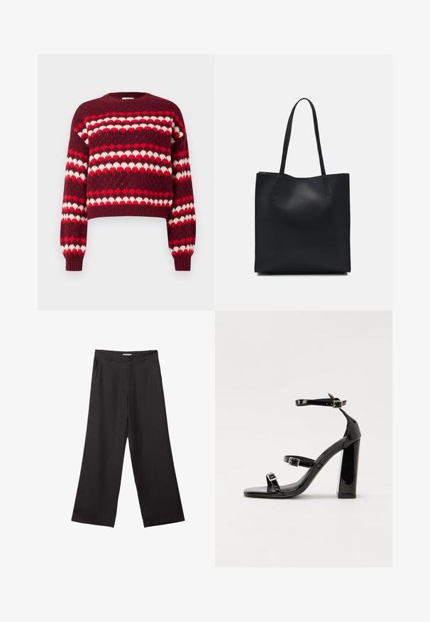 Rot-weißer gemusterter, kurzgeschnittener Pullover mit Rundhalsausschnitt und gerippten Bündchen, der eine gestrickte Textur und herzförmige Motive aufweist.; Schwarze weite Hosen aus glattem Stoff, mit einem Reißverschluss vorne und zwei seitlichen Taschen, maßgeschneiderter Passform und minimalistischem Design.; Schwarze patentierte Sandalen mit Absatz, quadratischer Spitze, Knöchelriemen und silbernen Schnallen. Mit einem stabilen Blockabsatz für mehr Stabilität.; Schwarze Laptoptasche aus Leder mit glatter Textur, rechteckiger Form und zwei langen Griffen. Keine sichtbaren Beschläge oder Verzierungen.