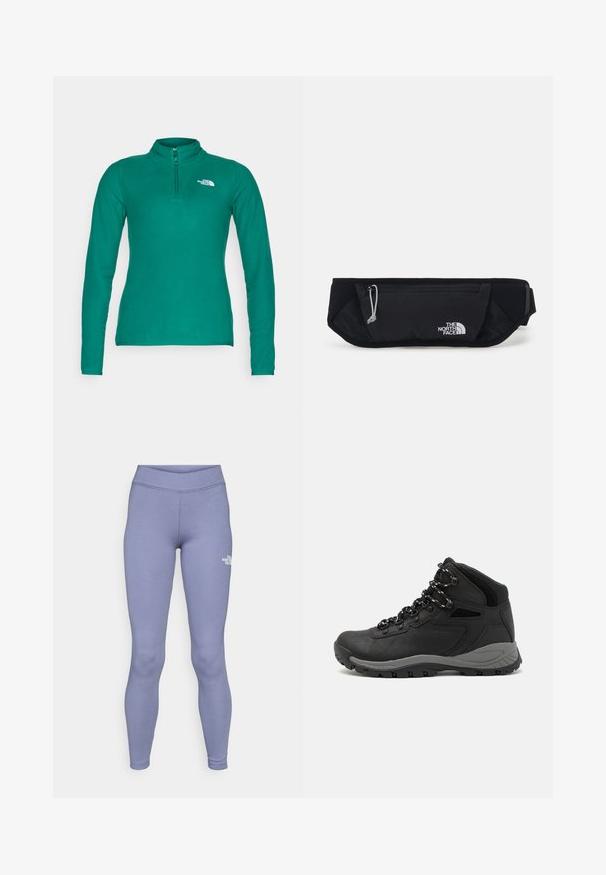 The North Face 100 GLACIER 1/4 ZIP - Polárpulóver - evergreen; Kék sport leggings, puha, rugalmas anyagból. Magas derékkal és egy kis fehér logóval a bal combon.; Fekete túracipő közepes magasságú kialakítással, texturált felsőrésszel, szürke részletekkel és strapabíró gumitalppal, amelynek tapadós kiemelkedései vannak.; The North Face SUNRISER RUN BELT UNISEX - Övtáska - black/white