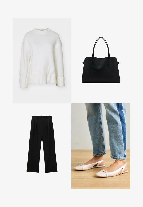 White knitted sweater featuring a ribbed hem and cuffs, round neckline, and drop shoulders. Made from soft, textured yarn.; Black wide-leg trousers with pleats, featuring a smooth texture and a high waist design. Minimalist style, no visible hardware or embellishments.; Pale pink slingback flats with a pointed toe, made from a smooth leather-like material. Features cut-out details at the sides and a flat heel.; Black leather handbag with dual shoulder straps, rectangular shape, and minimalistic design on a white background.