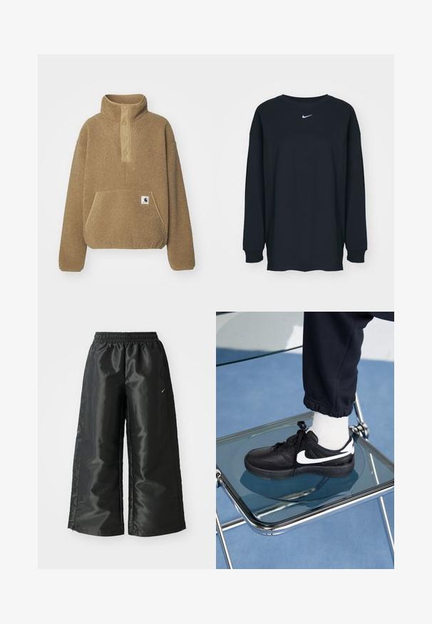 Carhartt WIP ELLIOT HIGH NECK - Fleecová mikina - peanut; Černé tričko s dlouhým rukávem vyrobené z bavlny s kulatým výstřihem. Na hrudi se nachází bílé logo Nike. Měkká textura, jednoduchý design.; Černé sportovní kalhoty z lesklé, hladké látky, s elastickým páskem, širokými nohavicemi a malým logem na levé straně.; Černé tenisky Nike s bílými akcenty, s hladkou koženou texturou, šněrovacím designem a zaoblenou špičkou, umístěné na skleněné židli.