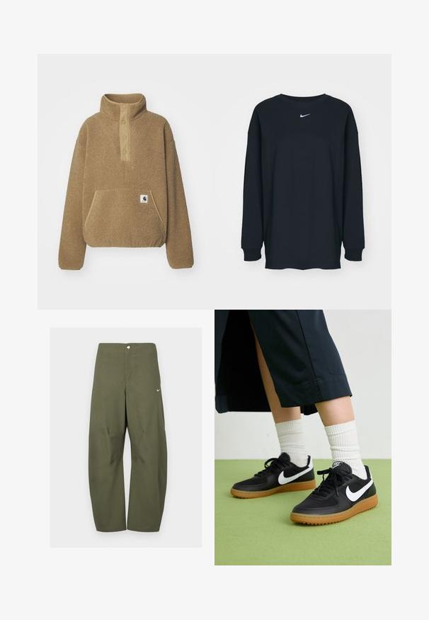 Carhartt WIP ELLIOT HIGH NECK - Pulover iz flisa - peanut; Črna dolgotrajna majica z dolgimi rokavi iz bombaža z okruglim izrezom. Ima bel Nike logo na prsih. Mehek material, preprost dizajn.; Olivne zelene široke hlače iz lahkega blaga, z gumbom spredaj in majhnim logotipom Nike na levi strani.; Črne usnjene in sintetične superge z belim Nike swooshom, gumo na podplatu, okroglo konico ter črnimi vezalkami. Vidne so rebraste bele nogavice.