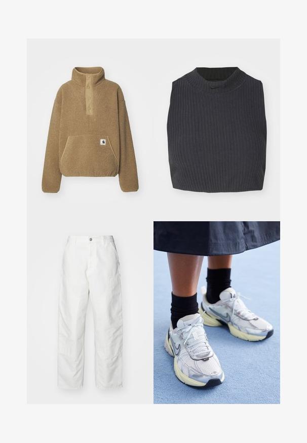 Carhartt WIP ELLIOT HIGH NECK - Fleece jumper - peanut; Cropped ribbed top in dark navy, featuring a high neckline and a subtle Nike logo. The fabric has a textured, stretchy appearance.; White cargo pants made of denim, featuring a relaxed fit, side pockets, and visible stitching details. Plain front with a button closure.; White and silver Nike sneakers with mesh fabric, reflective accents, and a beige sole. Worn with black socks, standing on a blue surface.