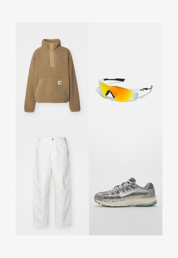 Carhartt WIP ELLIOT HIGH NECK - Fleecepullover - peanut; Gekürztes, geripptes Oberteil in Dunkelblau mit hohem Kragen und dezentem Nike-Logo. Der Stoff hat ein strukturiertes, elastisches Erscheinungsbild.; Weiße Cargo-Hosen aus Denim mit lockerer Passform, Seitentaschen und sichtbaren Nähdetails. Schlichte Vorderseite mit Knopfverschluss.; Grauer Sportschuh mit einem Obermaterial aus Mesh und Wildleder, weißen Akzenten, einer gepolsterten Sohle und einem charakteristischen Design mit reflektierenden Elementen.; Weiße Sportsonnenbrille mit einer geschwungenen Form, schwarzen Gummibezügen und einem verspiegelten orange-gelben Glas, das zu blau übergeht.