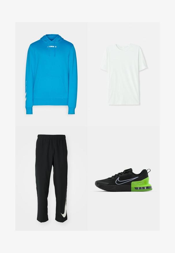 Sudadera azul brillante con un bolsillo frontal, capucha con cordón y texto de logo en blanco en el pecho. Presenta acentos blancos en las mangas.; Camiseta de manga corta en verde menta claro, hecha de tela suave. Presenta un cuello redondo y un corte recto simple, sin adornos.; Pantalones deportivos negros con cinturilla elástica, diseño cónico, que presentan un gran logo blanco de Nike en la pierna izquierda. Tejido suave y ligero.; Zapatilla deportiva negra con parte superior de malla, que presenta una suela verde y negra con amortiguación de aire y un logotipo de swoosh de Nike en blanco.