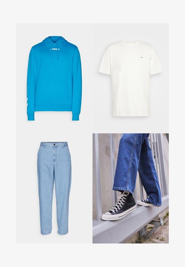 Felpa blu brillante con tasca frontale, cappuccio con cordino e testo del logo bianco sul petto. Presenta dettagli bianchi sulle maniche.; T-shirt bianca in cotone con scollatura rotonda, maniche corte e un piccolo logo nero "W.W." sul lato sinistro del petto. Tessuto liscio, vestibilità regolare.; Jeans in denim blu chiaro con vestibilità comoda, vita alta e gambe dritte. Presenta tasche frontali e chiusura con bottone metallico.; Scarpe da ginnastica nere alte con suola e lacci bianchi, abbinate a jeans di denim blu larghi, appoggiate su un parapetto grigio.