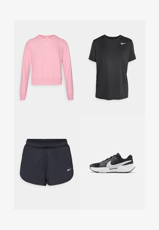 Rosa Sweatshirt aus weichem Stoff, mit Rundhalsausschnitt, langen Ärmeln und einem kleinen weißen Logo auf der Brust. Der Saum ist leicht verkürzt.; Schwarz kurzärmliges Athletik-T-Shirt aus glattem, leichtem Stoff, mit einem kleinen weißen Nike-Logo auf der linken oberen Seite.; Schwarze Sportshorts mit elastischem Bund, sportlichem Design und weißem Nike-Logo vorne unten. Strukturierter Stoff.; Schwarz-weiße Sportschuhe mit einer strukturierten Oberseite, einem auffälligen Nike-Logo und einem kontrastierenden Sohlen-Design für besseren Halt und Stabilität.