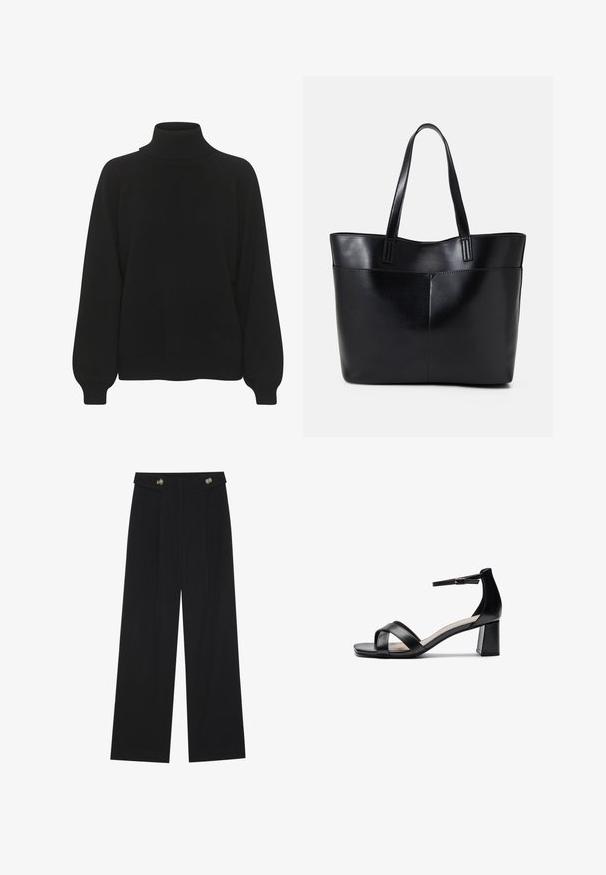 Black turtleneck sweater featuring a ribbed collar, raglan sleeves, and a relaxed fit. Knitted texture with cuffed hems.; Black wide-leg trousers with high waist, button details on waistband, and front pleats.; Black open-toe heeled sandal with crossed straps, adjustable ankle strap, and a chunky heel, featuring a smooth leather texture.; Black leather tote bag with two long handles, a smooth texture, and a structured shape. Features a front pocket for additional storage.