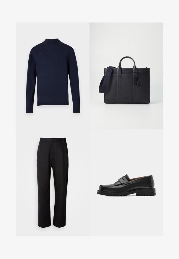 Sweater de malha azul marinho com gola alta, mangas longas e punhos canelados. Apresenta um logótipo discreto no peito. Textura suave.; Calças pretas de corte reto, feitas de tecido leve. Apresentam um fecho frontal com botão e dois bolsos laterais; textura suave.; Os mocassins de couro preto apresentam uma costura elevada, duas tiras decorativas na parte superior e uma sola grossa e texturizada para maior aderência.; Pasta de couro azul-marinho escura com alças superiores duplas e uma alça destacável. Apresenta um acabamento texturizado, costura vertical e detalhe do logotipo.