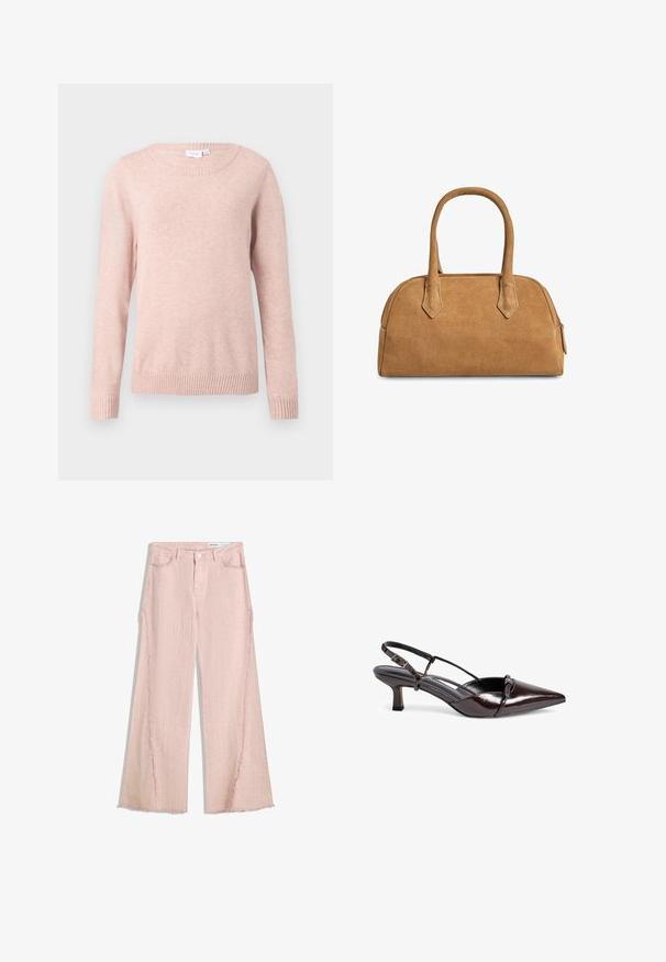 Svetlo rožnata jopica z okroglim izrezom, dolgimi rokavi ter rebrastimi manšetami in robom. Narejena iz mehkega blaga z gladko teksturo.; Svetlo roza široke hlače z žepi, z teksturiranim zaključkom in razcnim robom. Imajo zapiranje na gumb in zanke za pas.; Rjavi patent usnjeni slingback čevelj s koničastim nosom, majhnim blokom peto, obliko čezščevljenka in okrasno pentljo na sprednjem delu.; Torbica iz brušenega usnja v bež barvi, s strukturirano obliko, ki ima dva ročaja, trigonske izreze ter zadrgo po vrhu za zapiranje.