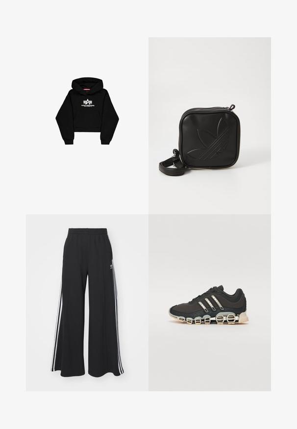 Musta lyhyt huppari, joka on valmistettu pehmeästä kankaasta. Siinä on etutasku, ribbireunat hihansuissa ja valkoinen logopainatus raidoilla rinnassa.; Mustat löysät verkkarit, joissa on joustava vyötärö, valkoiset sivuraidat ja brodeerattu logo vasemmassa reidessä.; Musta urheilujalkine, jossa on teksturoitu päällinen, kolme hopeista raitaa ja erottuva vaimennustuli, jonka rakenne koostuu useista integroituista osista.; Mustikka neliö muotoinen olkalaukku, joka on valmistettu teksturoidusta synteettisestä materiaalista. Varustettu kohotetulla logolla ja säädettävällä hihnalla. Vetoketjukiinnitys.