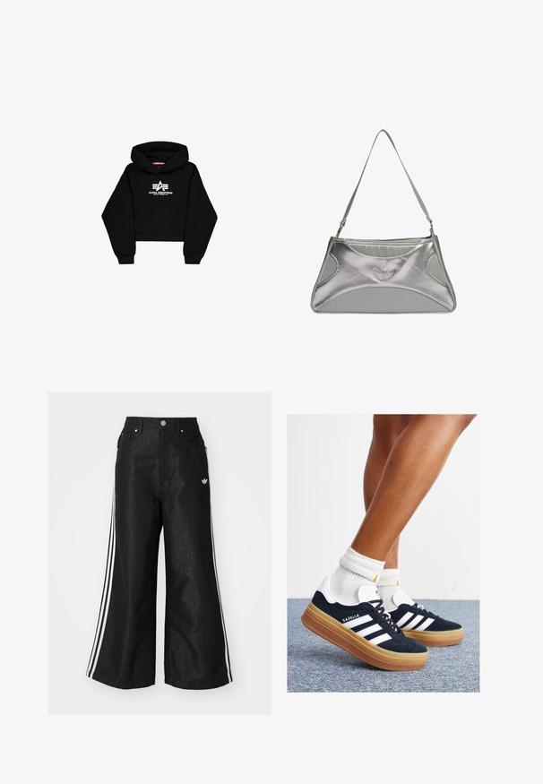 Črn skrajšan hoodie iz mehkega materiala. Ima sprednji žep, rebraste manšete in bel logotip z črtami na prsih.; Črne široke jeans hlače z dvema belima črtama na vsaki strani in majhnim belim logotipom. Imajo sprednje žepke in zapiranje na gumb.; Črni antilop superge z belimi črtami in poudarki, okrogel prst, gumijasti podplat, kombinirane z belimi rebrastimi nogavicami.; Srebrna metalna torbica z elegantno, strukturirano zasnovo, ki ima teksturirano telo, naramnico in embosiran logotip.