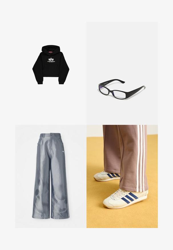 Hoodie corto nero realizzato in morbido tessuto. Presenta una tasca frontale, polsini a costine e una stampa del logo bianco con strisce sul petto.; Pantaloni a gamba larga in materiale grigio lucido, con strisce laterali bianche e un motivo a fiamma sulla parte inferiore delle gambe. Chiusura con bottone e zip in vita.; Sneakers crema con strisce in suede blu, lacci bianchi e suola in gomma. Abbinati a pantaloni sportivi grigi con strisce laterali bianche.; Occhiali rettangolari neri con lenti trasparenti. Finitura lucida, bracci sottili e una sfumatura viola visibile ai bordi delle lenti.