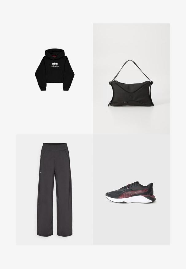 Juodas trumpas džemperis, pagamintas iš minkštos medžiagos. Funkcijos - priekinė kišenė, raukšlėtos rankovės ir baltas logotipo spaudinys su dryžiais ant krūtinės.; Juodos sportinės kelnės su plačia juosta, šoninėmis kišenėmis ir plokščiomis siūlėmis. Kairėje kojoje pritvirtintas mažas logotipas. Pagamintos iš lygaus, tamprios medžiagos.; Juoda sportinė batų pora su tekstūruotu mezginiu, bordo akcentais, paminkštinta balta vidurine dalimi ir raštuotu šoniniu dizainu.; Juodas rankinukas iš minkštos, tekstūruotos medžiagos. Yra banguota forma, viena petneša ir subtilus logo detalė priekyje.