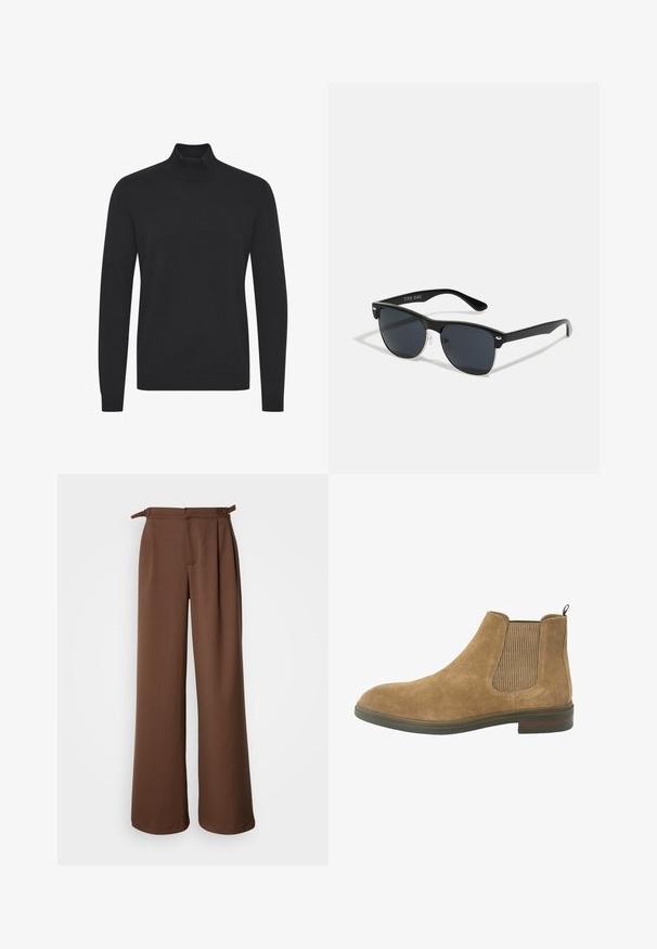 Svart polo tröja i mjukt material, med långa ärmar och ribbade muddar och nederkant. Enkelt, odekorerat design.; Breda byxor i brunt, tillverkade av mjukt tyg. Har hög midja med veck och sidoknyt, vilket ger en avslappnad passform och slät yta.; Mockavinsch i tan med elastiska sidopaneler, rund tå och en dragflik; robust gummisul och texturerade tygdetaljer.; Svarta solglasögon med rektangulär form, mörka linser, silverdetaljer vid skalmarna och en matt yta på ramen.; Set med fem armband som har brunt läder, trämanschetter och en silverkedja; varierande texturer och former, med justerbara lås.