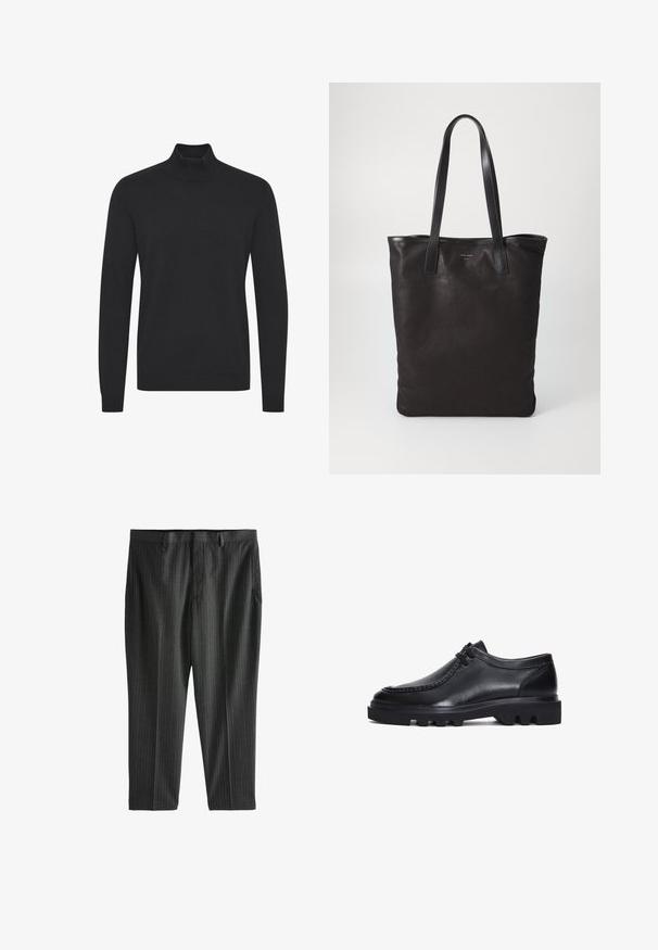 Zwarte coltrui van een gladde stof, met lange mouwen en ribgebreide manchetten en zoom. Eenvoudig, onversierd ontwerp.; Next STRIPE-REGULAR FIT - Chino - charcoal grey; Zwarte lederen schoenen met een ronde neus, gestikte details en een dikke, robuuste zool met kenmerkende groeven. Eenvoudig vetersluiting ontwerp.; Zwarte canvas schoudertas met zwarte leren handvaten. Eenvoudig ontwerp, ruime body en een gladde textuur. Geen zichtbare logo's of patronen.