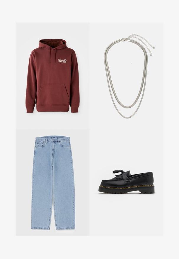 Burgundy kapucnis pulóver elülső zsebbel, amelyen a bal mellrészen fehér hímzett "Dickie's Donut House" logó található. Puha, textúrált anyag.; Világoskék farmernadrág egyenes szárú kivitelben, közepes derékkal, öt zsebbel, gombos és cipzáros záródással.; Fekete bőr mokaszin, rojtos díszítéssel, masszív fekete talppal és sárga varrással az élén. Texturált felület.; Háromrétegű ezüstszínű fém nyaklánc, letisztult, rugalmas láncokkal, enyhe fényességgel, homárkapoccsal rögzítve és állítható lánccal.