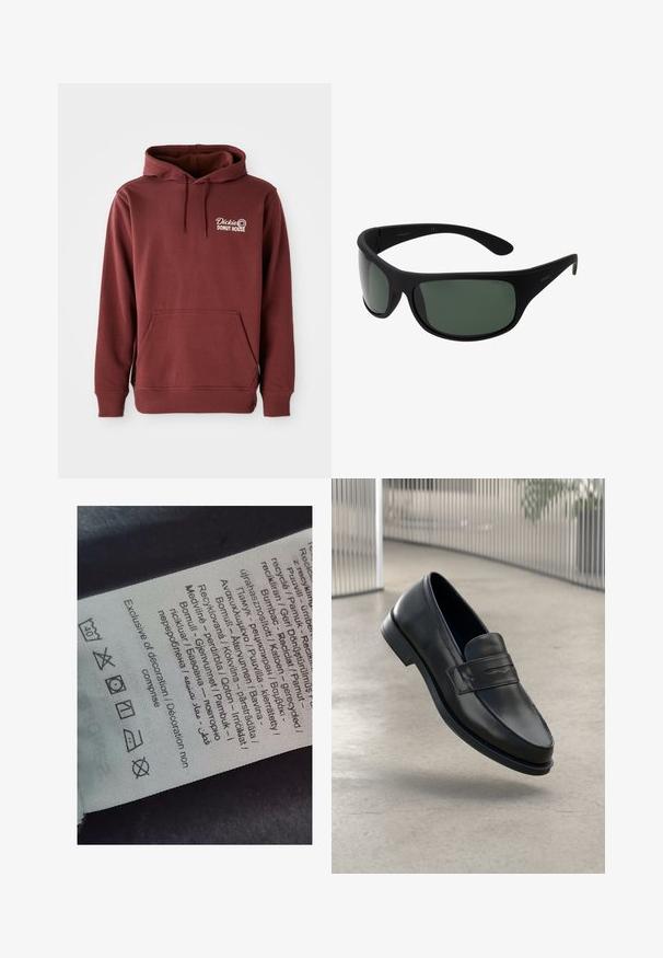 Sweatshirt com capuz bordeaux e bolso frontal, apresentando o logotipo "Dickie's Donut House" bordado no lado esquerdo do peito em branco. Tecido macio e texturizado.; Etiqueta com texto multilingue, símbolos de cuidado e ícones de reciclagem, impressa em um material macio e semelhante a tecido em cor clara.; Sapato mocassim preto em couro com textura lisa, biqueira pontiaguda e uma tira decorativa transversal no peito do pé. Sola leve, design minimalista.; Óculos de sol envolventes pretos com lentes verde-escuras. Acabamento matte, design curvo, com hastes retas e uma marcação sutil de lado.