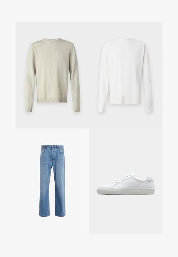Svetar svetlo bež boje s okruglim izrezom napravljen od mekog, teksturiranog materijala. Ima rebraste manžete i donji deo, sa jednostavnim, minimalističkim dizajnom.; Bela bombažna srajca z dolgimi rokavi in okroglo ovratnikom, z bočnimi razporki na dnu in gladko teksturo, prikazana s hrbtne strani.; Svetlo modre denim kavbojke s ravno nogavico, petimi žepi, z gumbom za zapiranje, minimalnim zbledelostjo in kontrastnimi šivi.; Bela športna obutev z gladkim usnjenim zgornjim delom in nizkim profilom. Ima zaokrožen nos, šest lukenj za vezalke in teksturiran gumijast podplat.