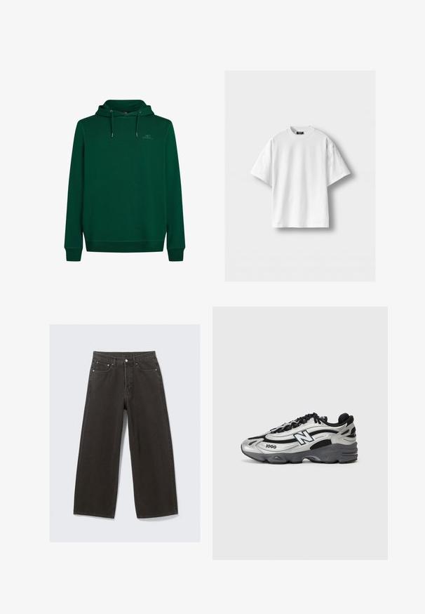 Grüne Kapuzenjacke aus weichem Stoff mit einer vorderen Kängurutasche, verstellbarem Zugkordelkapuze und gerippten Bündchen und Saum. Dezentes Logodesign auf der Brust.; Weißes Baumwoll-T-Shirt mit kurzen Ärmeln, Rundhalsausschnitt und lockerer Passform. Glatte Textur, keine Muster oder akzentuierenden Elemente.; Hochwaisted, weit geschnittene schwarze Denim-Jeans verfügen über ein Fünf-Taschen-Design und einen Knopfverschluss. Der Stoff hat eine weiche, strukturierte Oberfläche.; Silberne und schwarze Sportschuhe mit einem Obermaterial aus Netzgewebe, gepolstertem Sohlendesign, Schnürverschluss und seitlichem Branding-Detail.