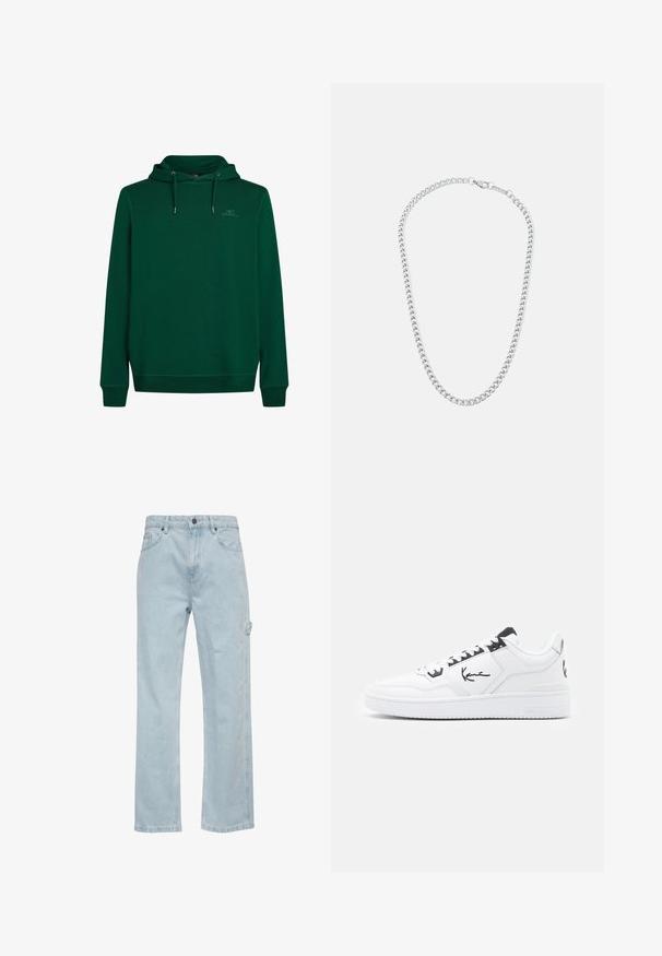 Green hoodie made of soft fabric, featuring a front kangaroo pocket, adjustable drawstring hood, and ribbed cuffs and hem. Subtle logo detail on chest.; White cotton t-shirt featuring a round neckline and short sleeves, with a black embroidered logo centered on the chest.; Light blue denim jeans with a straight-leg design, featuring front and back pockets and a side cargo pocket. Smooth texture, casual style.; White leather sneaker with black accents, featuring a signature logo on the side, round toe, and textured rubber sole.; Silver metal chain necklace featuring interlocking links and a secure clasp, smooth texture, even finish, and a classic design.