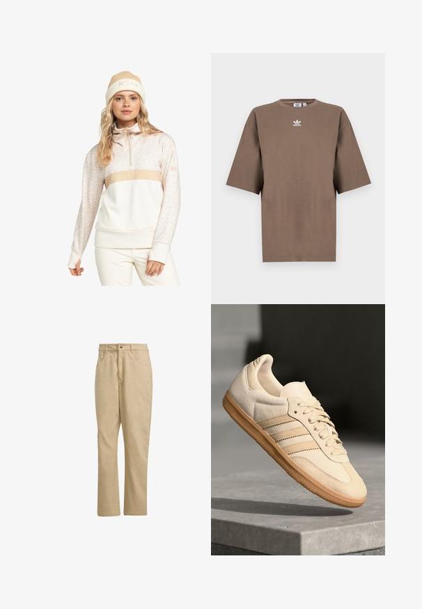 Roxy Sweatshirt - pebble roxygram; Braunes Baumwoll-T-Shirt mit kurzen Ärmeln, Rundhals und weißem Adidas-Logo, das zentral auf der Brust platziert ist. Das Design ist schlicht und der Schnitt ist locker.; Khakifarbene Baumwollhosen mit geradem Schnitt, ausgestattet mit einem vorderen Knopfverschluss, zwei Seitentaschen und minimaler Markenkennzeichnung auf der Vorderseite.; Helle beigetöne Wildledersneaker mit Gumminsohle, drei schrägen Streifen und einer strukturierten Zehenkappe. Mit Logo auf der Zunge und der Seite.