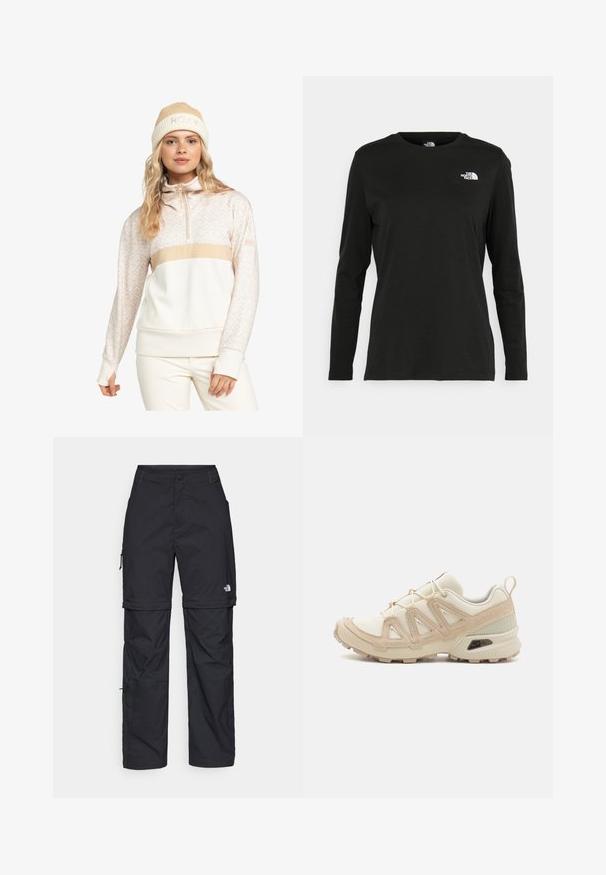 Roxy Collegepaita - pebble roxygram; Musta pitkähihaisen t-paita, joka on valmistettu puuvillasta ja jossa on pyöreä kaula-aukko. Vasemmassa rinnassa on pieni valkoinen logo. Yksinkertainen muotoilu ja istuvuus.; Mustat nailonista valmistetut irrotettavat cargo-housut säädettävillä lahkeilla, useilla taskuilla ja logolla oikeassa jalassa. Liukas, kevyt rakenne.; Beige ja kreemi värvi sportlikud jalanõud, millel on tekstiilne mesh ülemine osa, toetavad ülekatted ja kummist tald, millel on mustripattern haardeks.