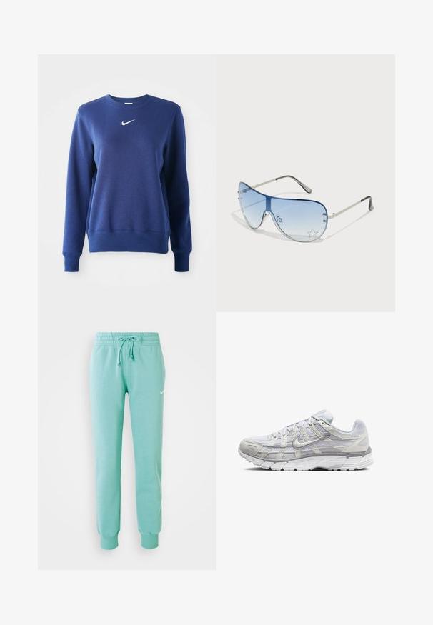 Sweatshirt azul-marinho de gola redonda, feito de tecido macio, apresentando um logotipo branco da Nike no peito e punhos e bainha canelados.; Calças de moletão verde menta com uma cintura elástica, cordão e punhos canelados. Apresenta um pequeno logotipo branco da Nike na coxa esquerda.; Sapatos atléticos cinza claro com parte superior em malha e sintético, apresentando um fecho de cordões, colarinho acolchoado e sola texturizada para aderência.; Óculos de sol aviador com lentes azuis em degradê, armação metálica prateada e detalhes decorativos de estrelas nas lentes. Design suave e elegante.