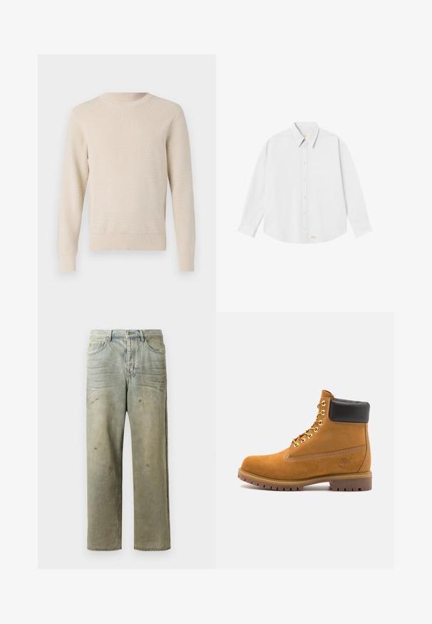 Pulover bej tricotat cu un model texturat, guler rotund și mansete și tiv ribate. Croială clasică cu mâneci lungi.; Cămașă albă cu guler clasic, mâneci lungi și tiv rotunjit; are un mic logo portocaliu în partea stângă jos.; Jeans din denim uzat, de culoare verde deschis, cu un croi drept, design cu cinci buzunare, și decolorare inegală cu stropi de vopsea.; Cizmă de gleznă din întoarsă de culoare bej, cu guler negru căptușit, ochiuri din metal auriu, detalii de cusătură albă și talpă din cauciuc robustă, cu un model pronunțat.