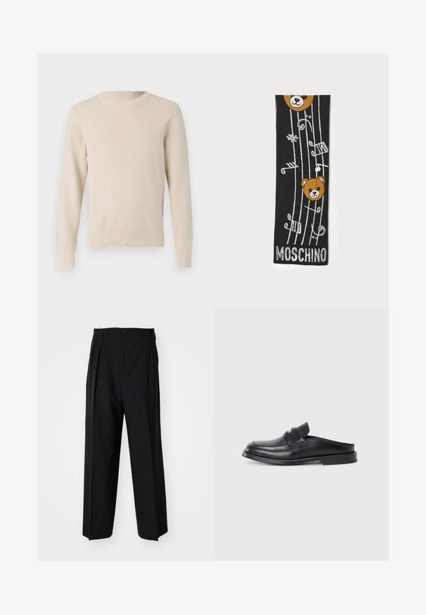 Béžový pletený sveter s texturovaným vzorom, okrúhlym výstrihom a rebrovanými manžetami a lemom. Klasický strih s dlhými rukávmi.; Čierne skladané nohavice s rovnom, širokým strihom. Vyrobené z hladkého materiálu, s gombíkovým zapínaním a pútkami na opasok.; Čierna kožená obuv na pracky s okrúhlym špičkou, nízkym podpätkom a prepleteným detailom v hornej časti. Vyznačuje sa minimalistickým dizajnom a hladkou textúrou.; Čierny pletený šál s dvoma hnedými hlavami medveďa, hudobnými notami a bielym textom „MOSCHINO“ na spodnej strane. Mäkká textúra s detailným dizajnom.