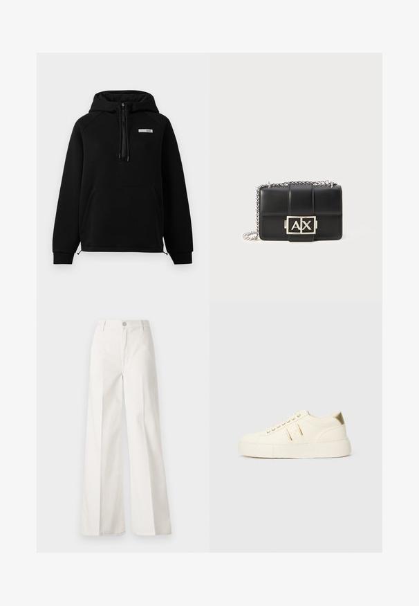 Melnā kapuce, kas izgatavota no mīksta auduma, ar priekšējo kabatu, pusuzvēršanas aizdari un mazu logotipa etiķeti kreisajā krūtī.; Baltas platfita bikses, izgatavotas no kokvilnas ar gludu tekstūru. Aprīkotas ar priekšējo pogu, rāvējslēdzēju un četru kabatu dizainu.; Krēmkrāsas zemas kedas ar zelta akcentiem, šņorēm un iegravētu "Armani Exchange" zīmolu uz zoles un sānu uzlīmes.; Melnas ādas rokassomu ar quiltēta dizaina, sudraba ķēdes siksnu un izteiksmīgu sudraba "AX" logotipu priekšpusē. Kompaktā taisnstūra forma.