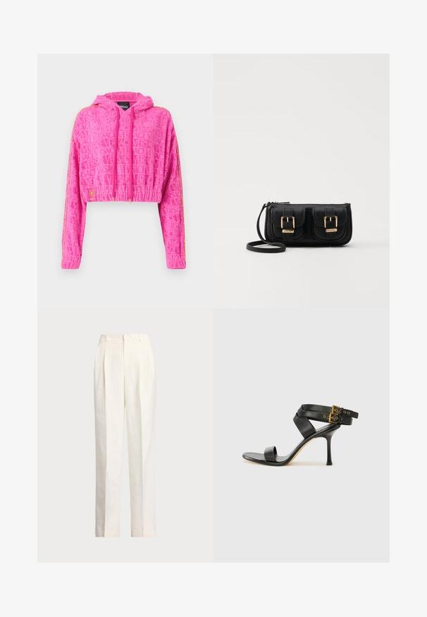 Hanorac scurt în roz aprins, cu țesătură texturată, având logo-ul repetat "VERSACE". Include glugă, șnururi și dungi accentuate cu aur.; Polo Ralph Lauren HEMP WIDE LEG PANT - Pantaloni - nevis; Sandalie negre cu toc, cu curele încrucișate și cataramă ajustabilă. Prezintă o textură netedă și un toc stiletto conic.; Geantă neagră din piele, tip crossbody, cu două buzunare frontale, catarame aurii, închidere cu fermoar și o curea subțire. Suprafață texturată și formă rectangulară compactă.