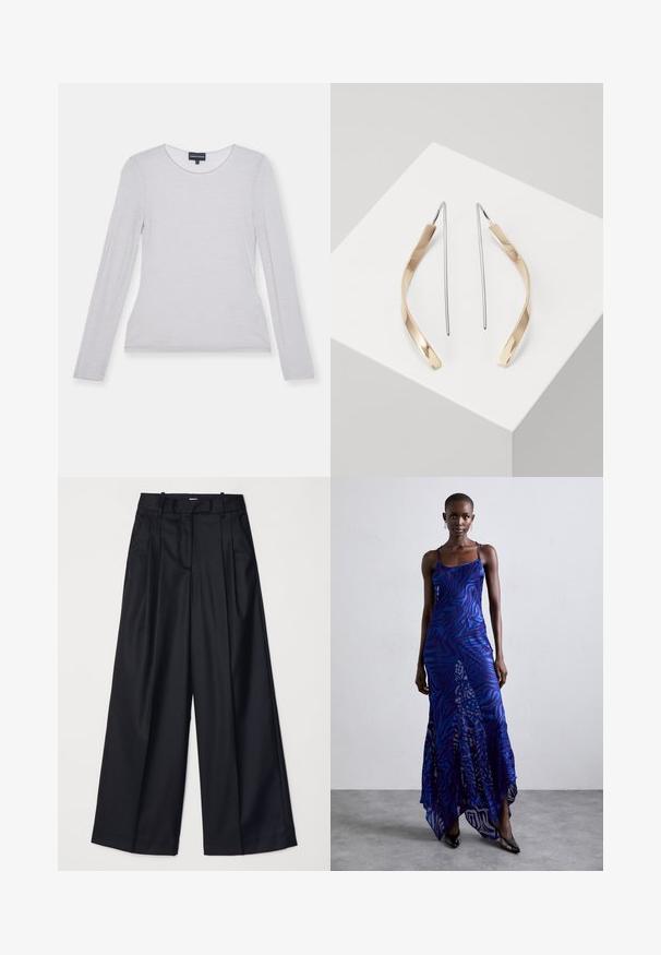 Ilgų rankovėmis šviesiai pilkas marškinėliai iš minkštos medžiagos, su apvaliu iškirpimu ir prigludusiu dizainu. Lygus audinys, jokių matomų raštų ar akcentų.; Juodos plačios kojų kelnės, pagamintos iš lygaus audinio, su aukštu liemeniu, klostėmis ir pritaikytu dizainu. Paprasta juoda detalių sistema liemens srityje.; Mėlynas ir purpurinis gyvūnų rašto ilgas suknelė su plonomis petnešomis, prigludusia krūtinės dalimi, plačiu apvadu ir permatomais akcentais.; Auksiniai ir sidabriniai kabantys auskarai su išlenkta, pailga forma. Blizgus paviršius su lygiu tekstūra ir minimalistinis dizainas.