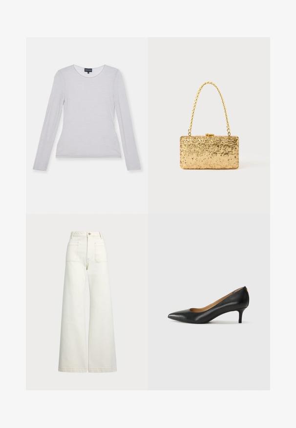 Top a maniche lunghe di colore grigio chiaro in un tessuto morbido con scollo rotondo e design aderente. Texture liscia, senza motivi o accenti visibili.; Jeans a gamba larga in denim bianco sporco. Design a vita alta con chiusura a bottone, due tasche frontali e dettagli di cucitura a contrasto.; Décolleté in pelle nera con punta affilata, tacco basso e texture liscia. Presenta un leggero apertura sulla parte anteriore e hardware minimale sul retro.; Clutch oro in paillettes con forma rettangolare, dotata di una maniglia in catena attorcigliata e una chiusura a scatto in metallo, che riflette la luce con una finitura testurizzata.; Lauren Ralph Lauren BASIC SMALL HOOP - Orecchini - gold-coloured
